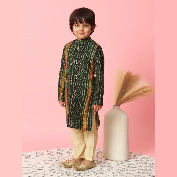 Straight Style Rayon Fabric Green Color Kurta With Pyjama - Mitthu Kids Ethnic Wear