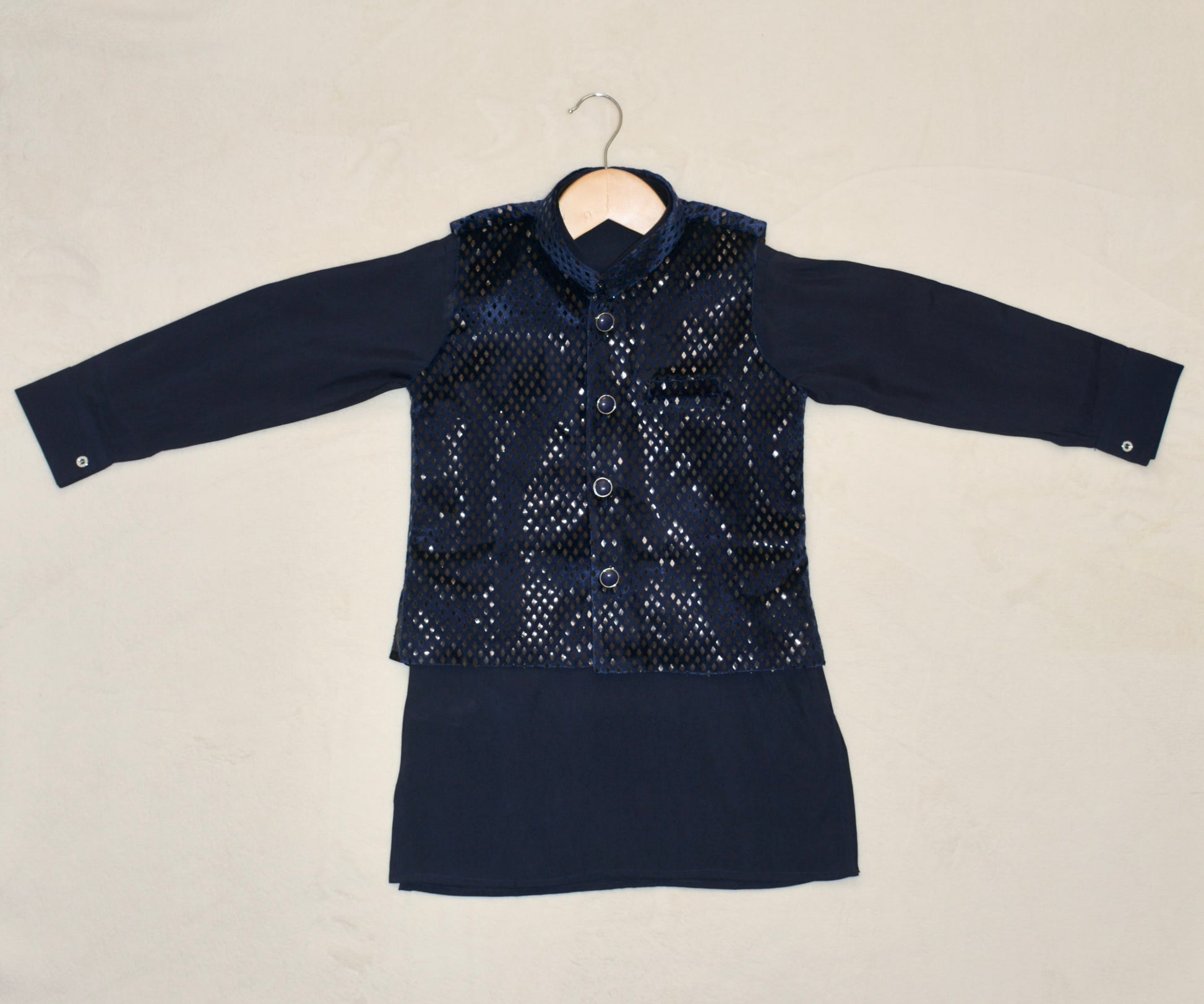 Boys Straight style Cotton Kurta & Pants with Waistcoat Bundi- Royal Blue - Mitthu Kids Ethnic Wear