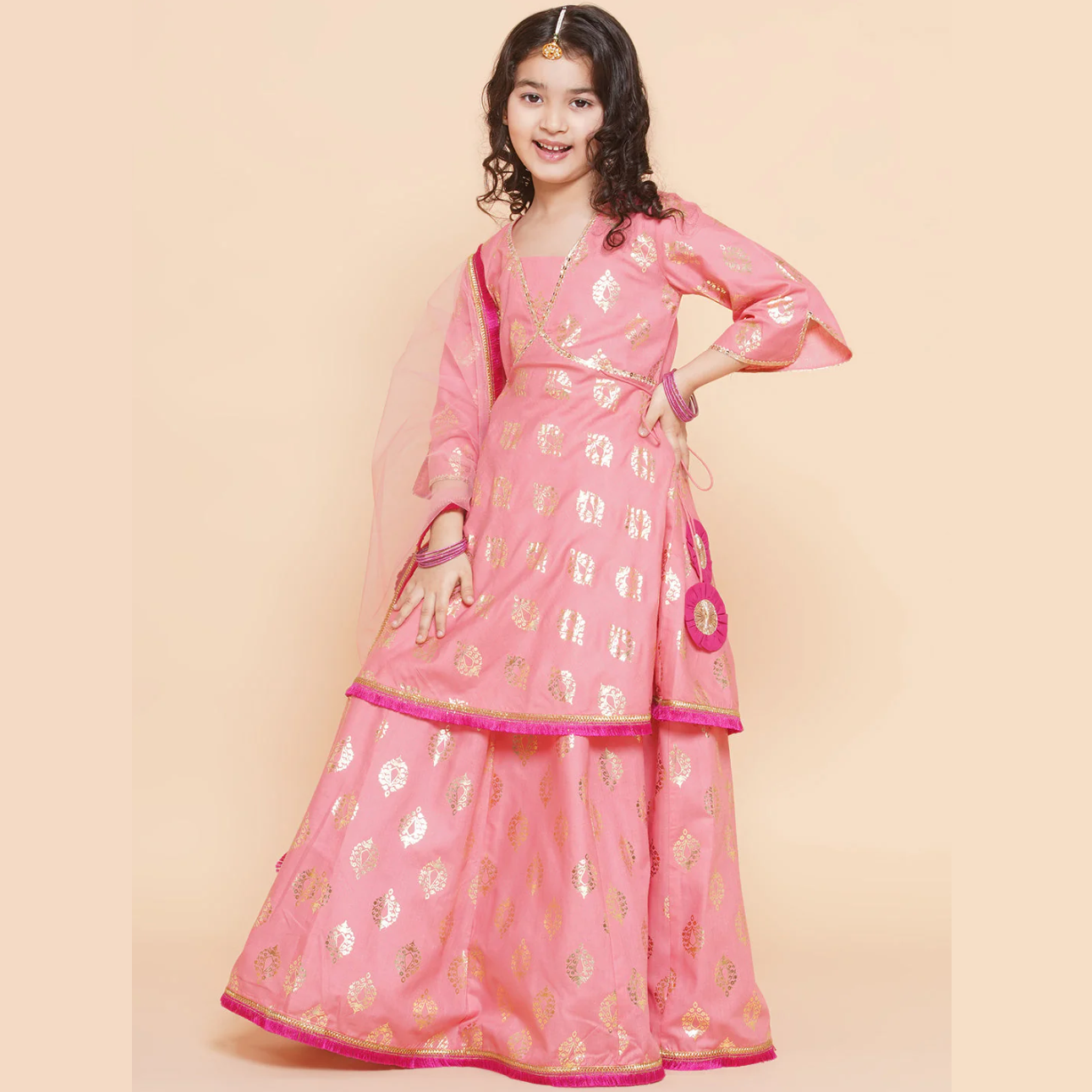 Girls Peach Foil Printed Lace Work Lehenga,Choli With Dupatta - Mitthu Kids Ethnic Wear