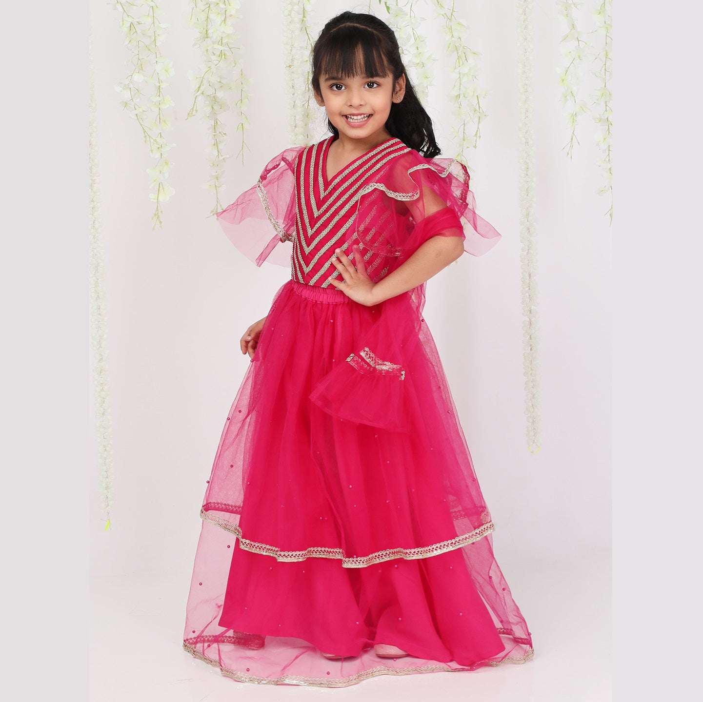 Hot Pink & Gold Choli With Lehenga  & Dupatta - Mitthu Kids Ethnic Wear