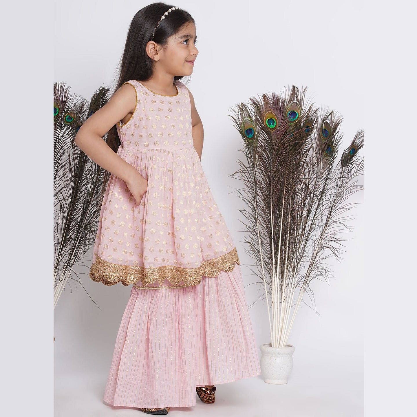 Banarsi Floral Work Frock Style Kurta With Golden Striped Sharara With Dupatta - Mitthu Kids Ethnic Wear