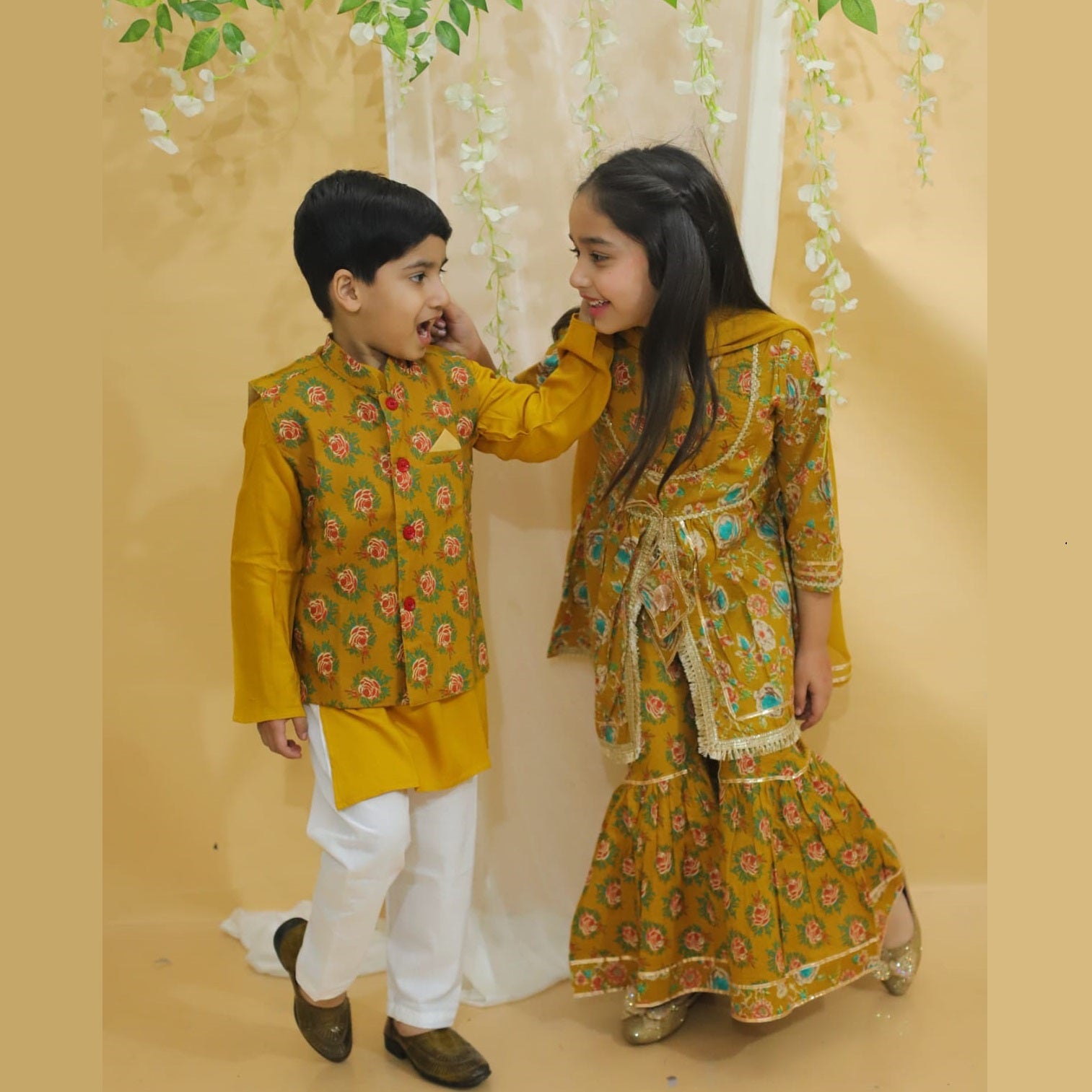 Boys Mustard Yellow Kurta, Pyjama with Printed Jacket - Mitthu Kids Ethnic Wear
