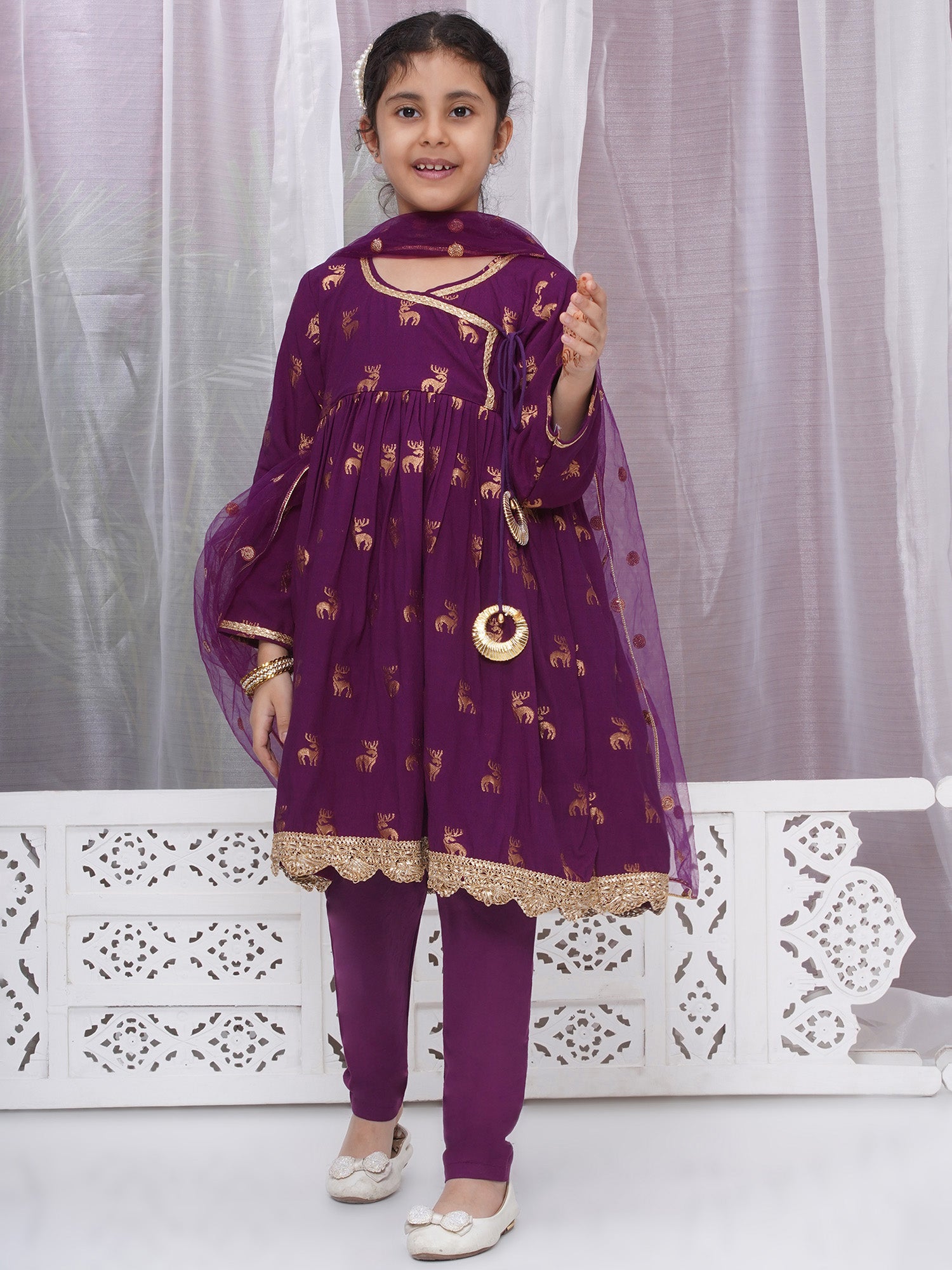Girls Cotton Angrakha Kameez with Pyjami and Net Dupatta - Purple - Mitthu Kids Ethnic Wear