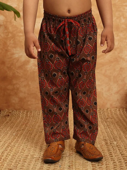 Boys Straight Style Cotton Kurta & Pyjama with Nehru jacket - Ember Brown - Mitthu Kids Ethnic Wear