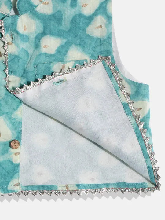 Boys Straight Style Cotton Kurta & Pyjama with Nehru jacket - Turquoise - Mitthu Kids Ethnic Wear