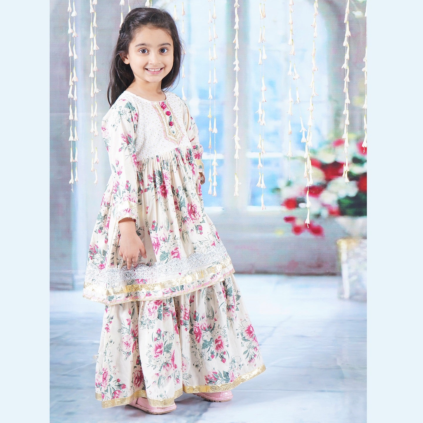 Girls Cotton Kurta Sharara and Dupatta with Floral Print - Beige & Off-White - Mitthu Kids Ethnic Wear