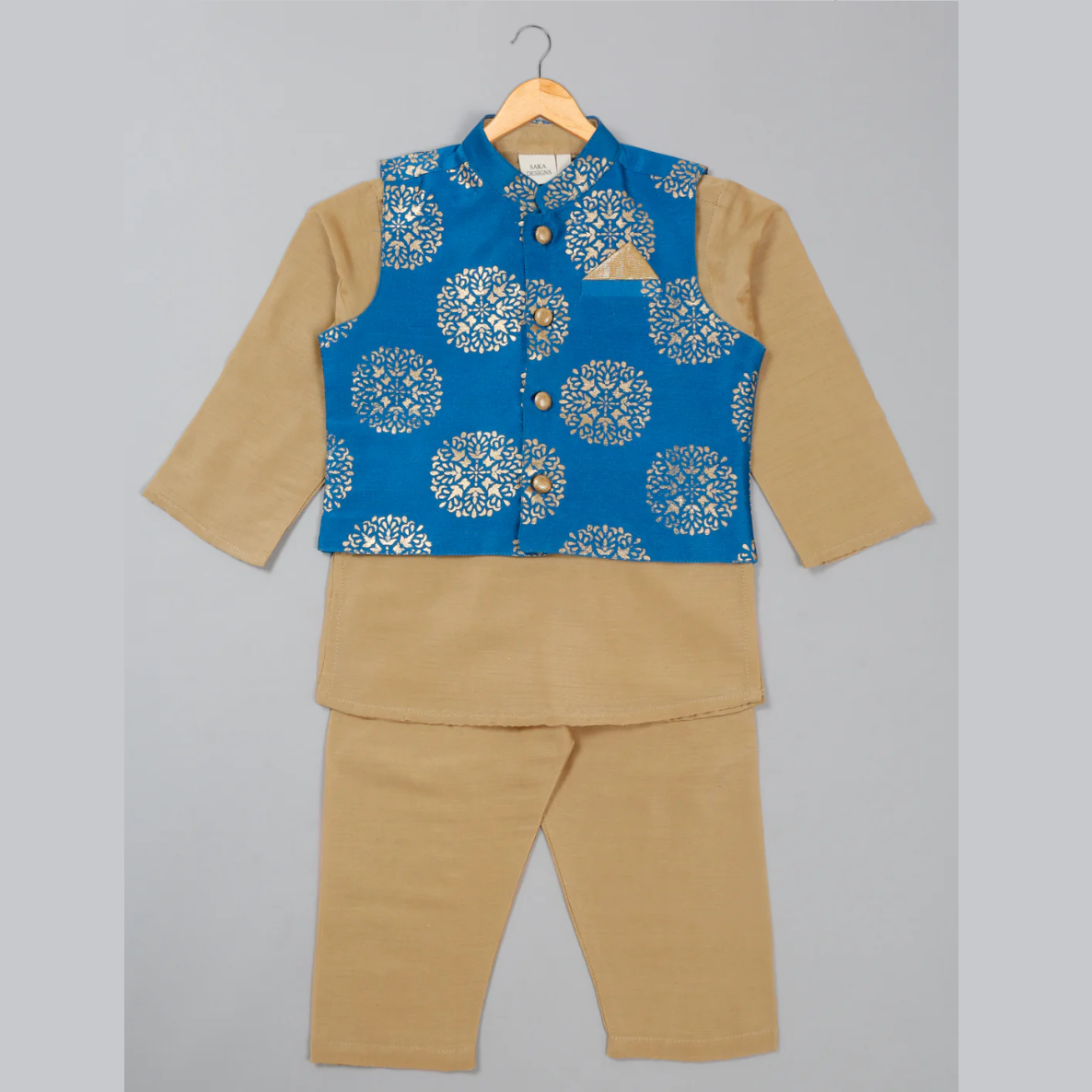 Boys' Beige Kurta Pajama With Blue Printed Jacket Ensemble - Mitthu Kids Ethnic Wear