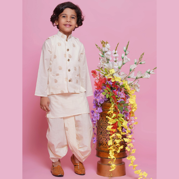 Boys Cotton Full Sleeves Ambi Embrodiery Nehru Jacket with Kurta and Dhoti - Cream - Mitthu Kids Ethnic Wear
