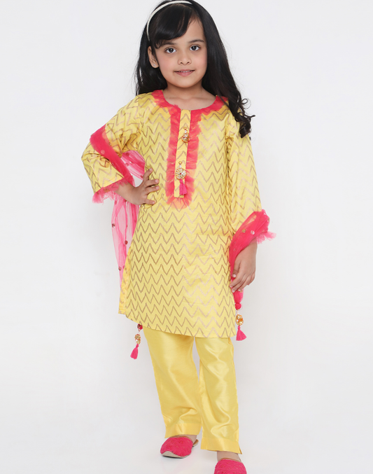 Zoya Yellow Kurti Pant With Dupatta - Mitthu Kids Ethnic Wear
