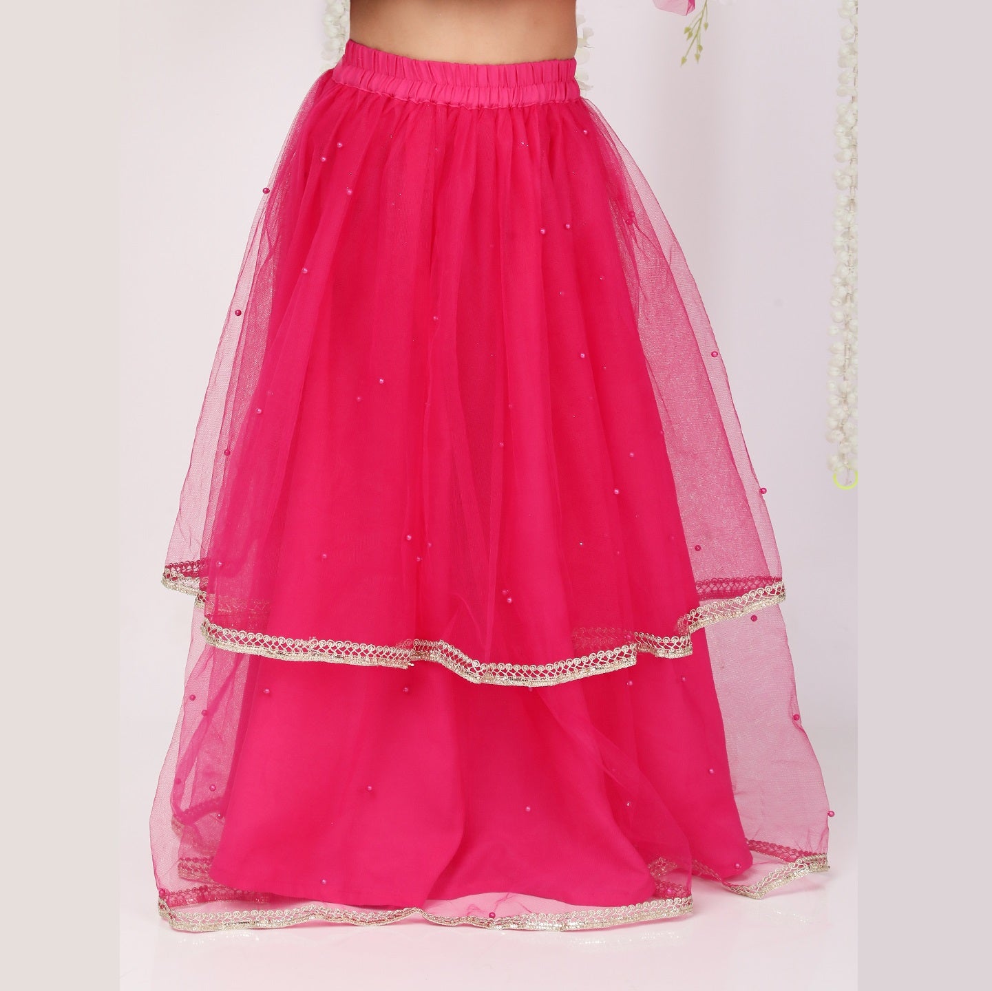 Hot Pink & Gold Choli With Lehenga  & Dupatta - Mitthu Kids Ethnic Wear