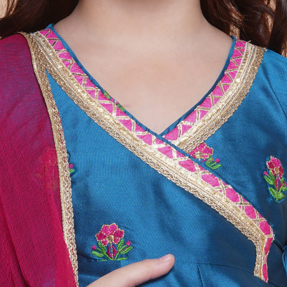 Girls Blue Embroidered Angrakha Kurta with Trousers set With Dupatta - Mitthu Kids Ethnic Wear