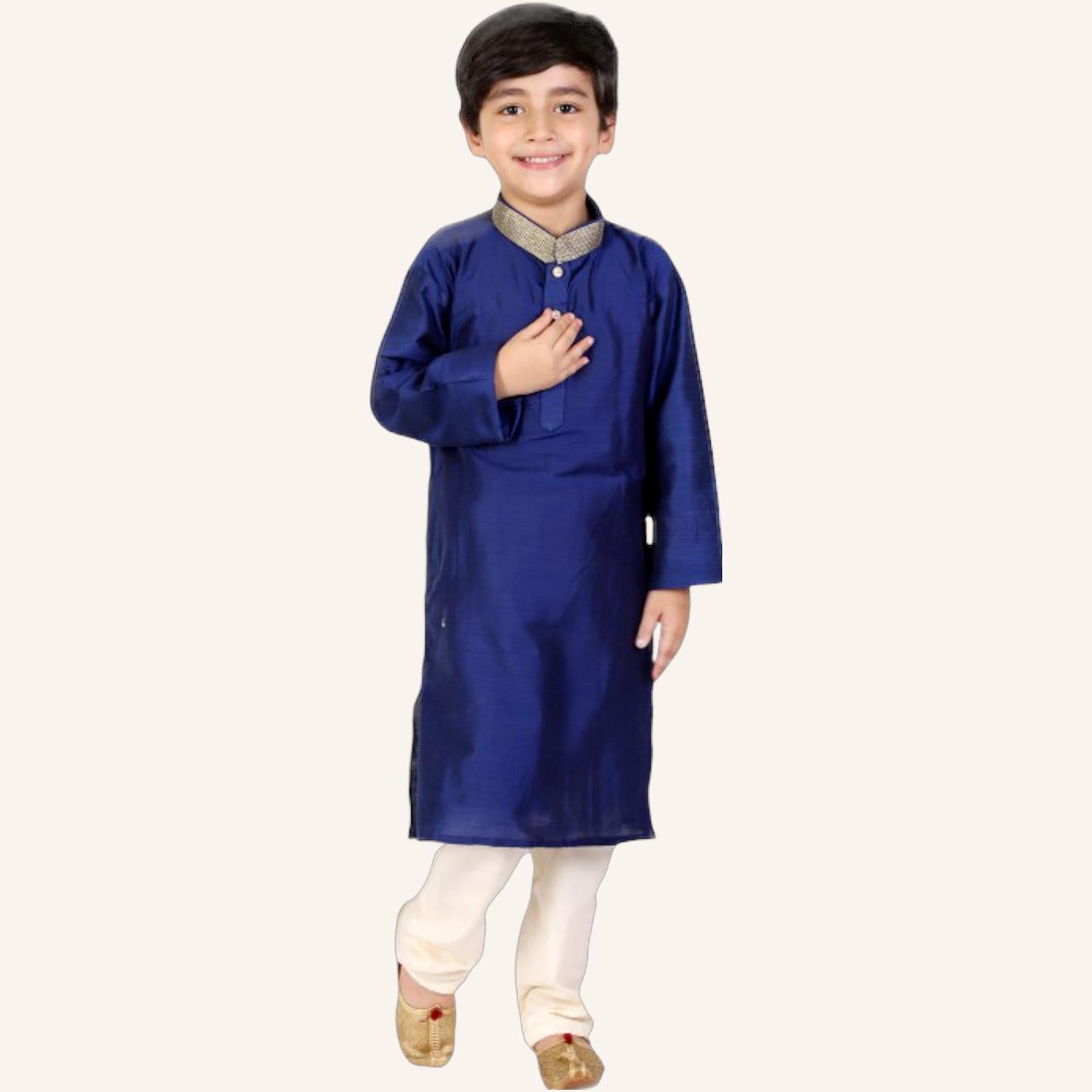 Golden lace Collar Kurta Pyjama Set- Blue - Mitthu Kids Ethnic Wear