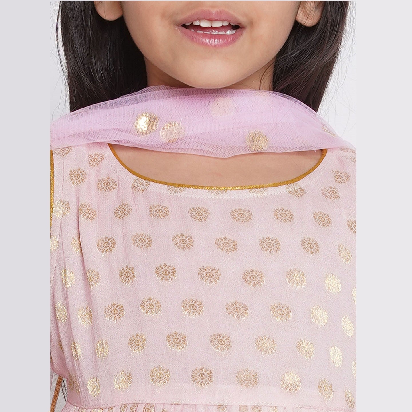 Banarsi Floral Work Frock Style Kurta With Golden Striped Sharara With Dupatta - Mitthu Kids Ethnic Wear