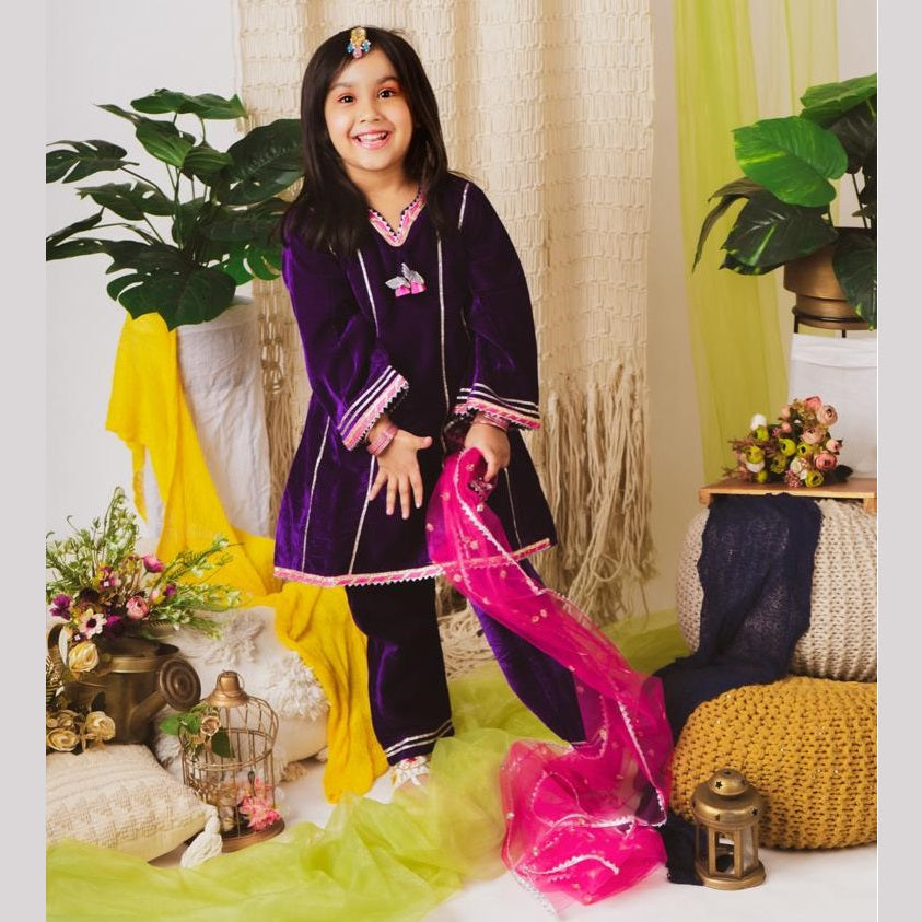 Girls Purple Velvet Kurta Pants with dupatta - Mitthu Kids Ethnic Wear