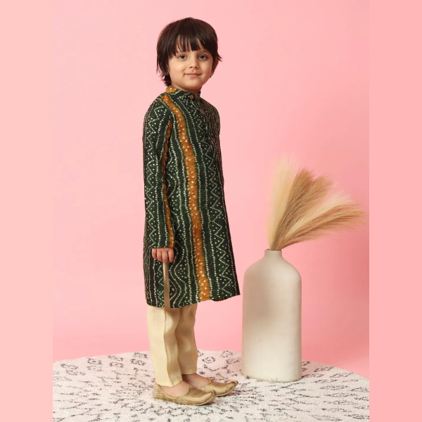 Straight Style Rayon Fabric Green Color Kurta With Pyjama - Mitthu Kids Ethnic Wear