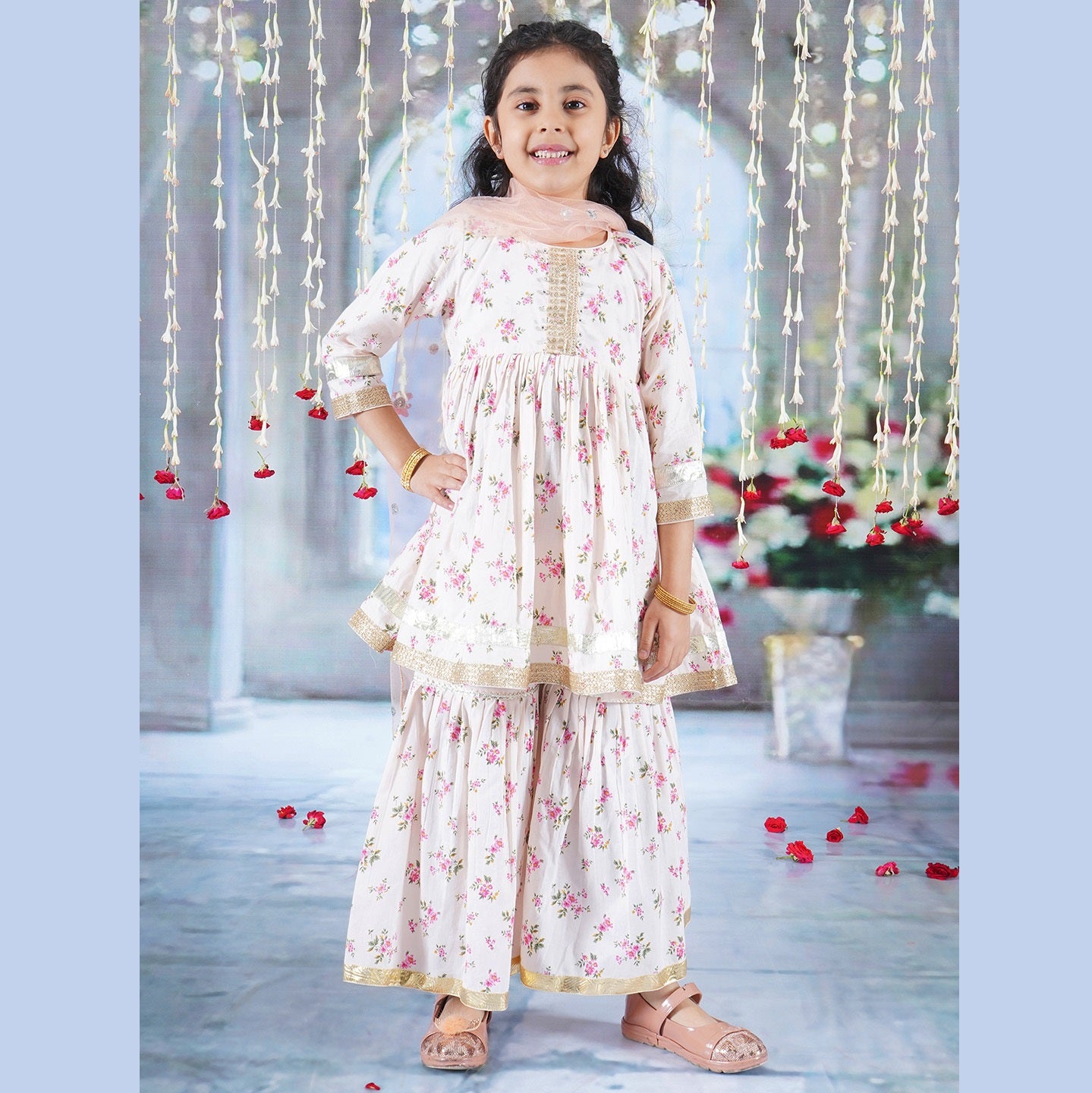 Girls Cotton Kurta Sharara and Dupatta with Floral Print - Beige Pink - Mitthu Kids Ethnic Wear