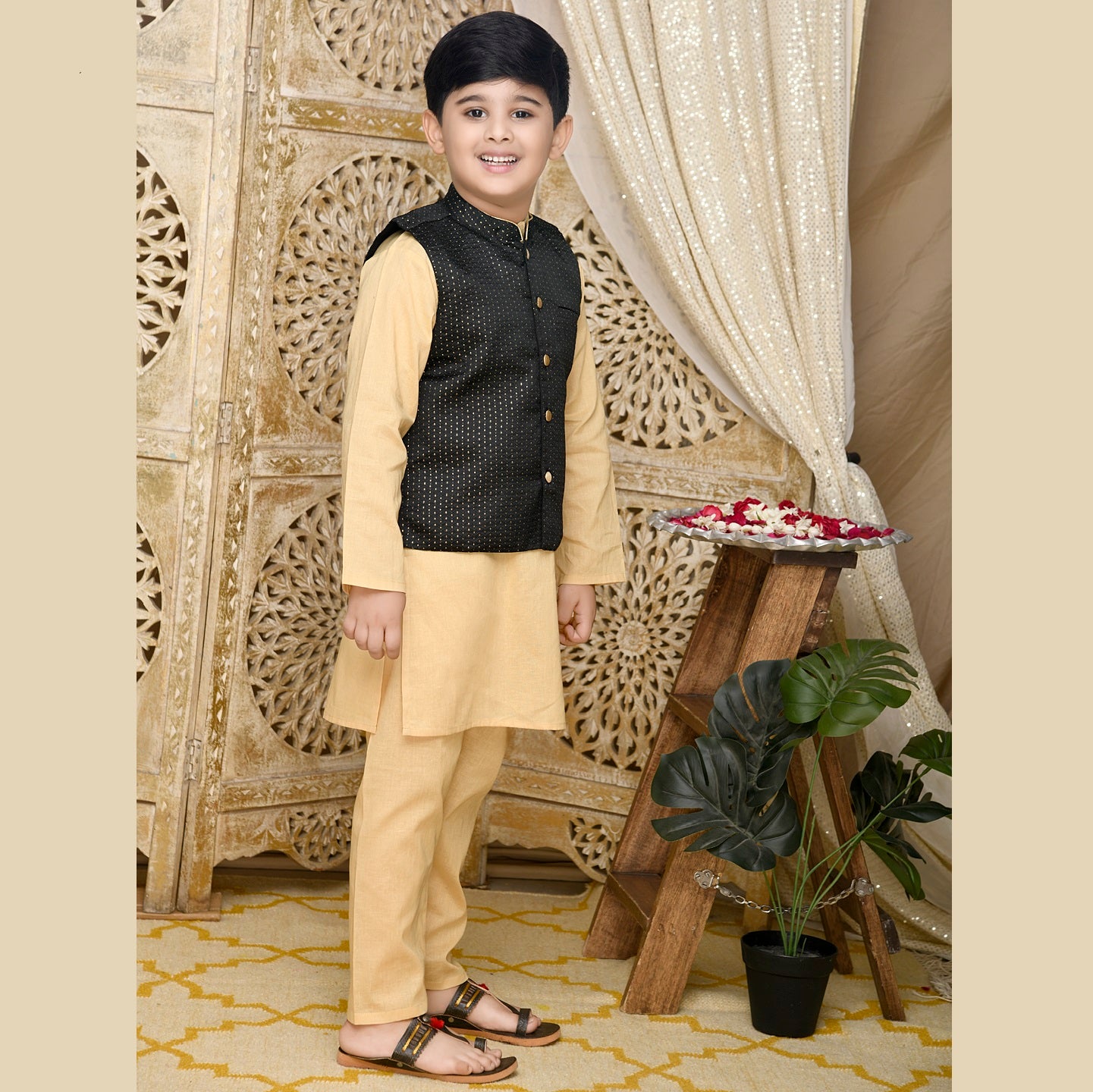 Golden Cotton Kurta With Black Jaquard Jacket And Pyjama - Mitthu Kids Ethnic Wear