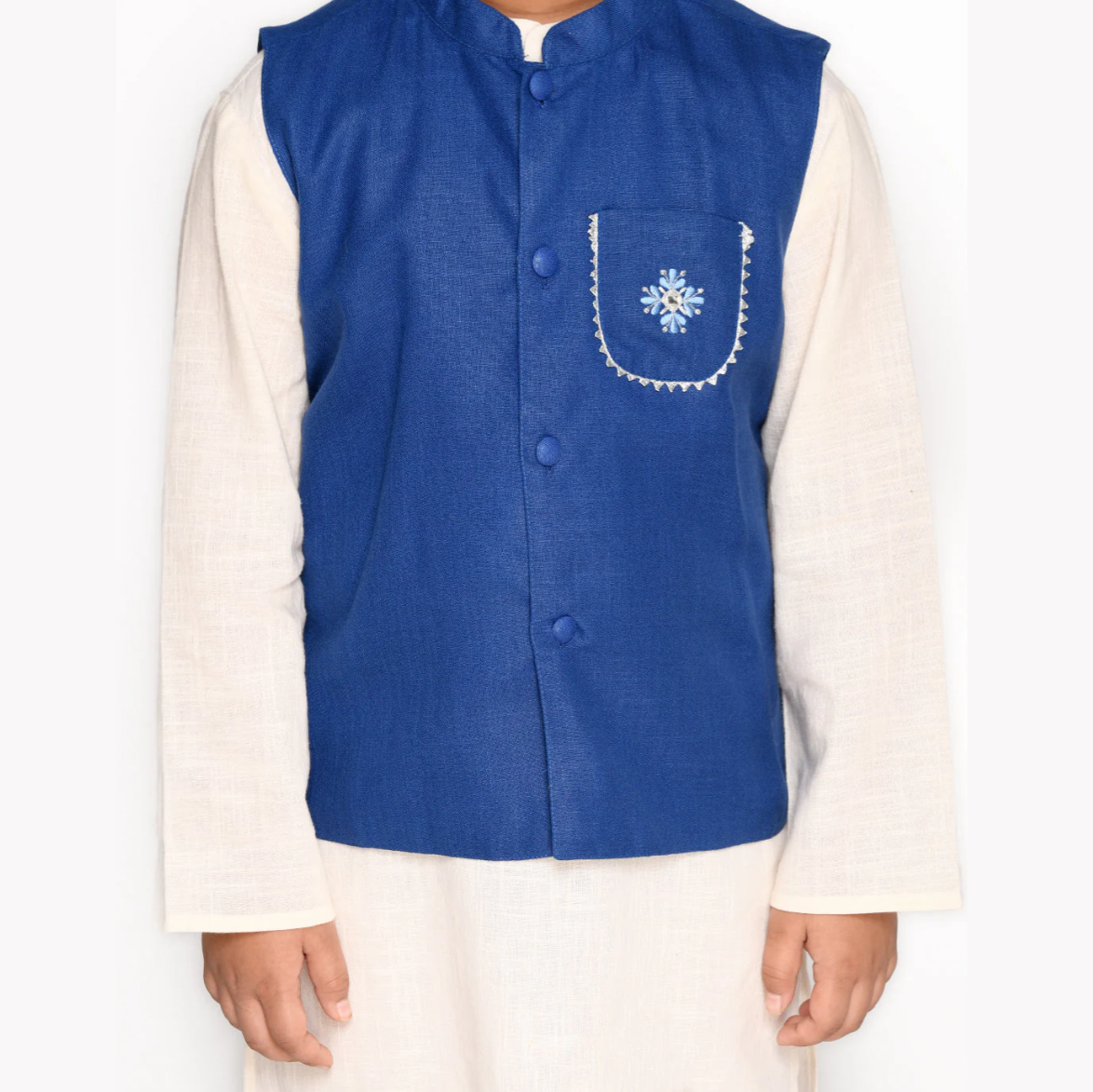 Blue & White Boys Cotton Kurta & Pyjama With Jacket - Mitthu Kids Ethnic Wear