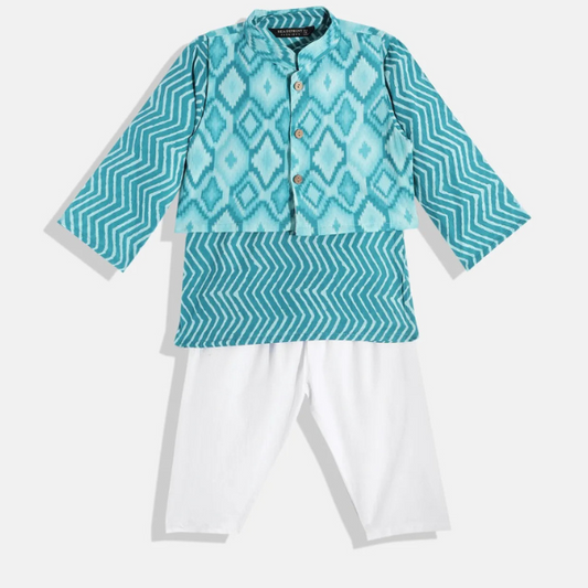 Boys Cotton Fabric Turquoise Blue Color Printed Kurta With Nehru Jacket and White Pyjama - Mitthu Kids Ethnic Wear