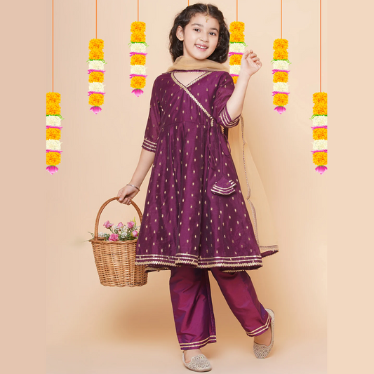 Girls Burgundy self design Angrakha Gotta Patti Kurta & Trousers set With Dupatta - Mitthu Kids Ethnic Wear