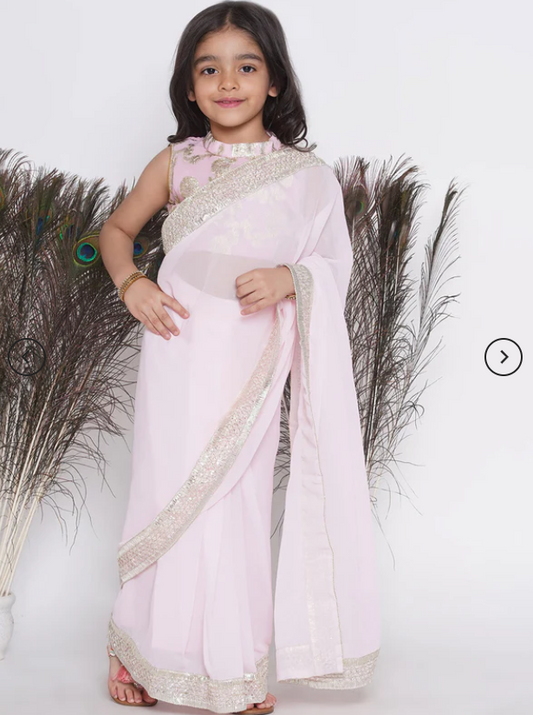 Girls Ready to Wear Georgette Saree with Embroidered Blouse - Pink - Mitthu Kids Ethnic Wear