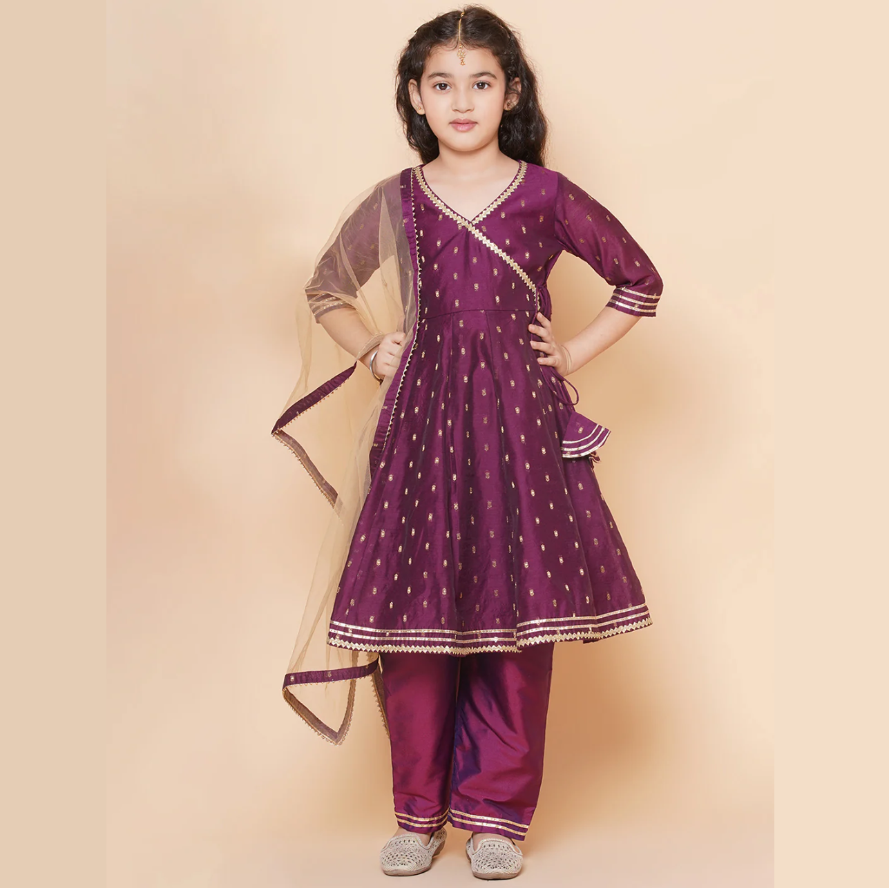 Girls Burgundy self design Angrakha Gotta Patti Kurta & Trousers set With Dupatta - Mitthu Kids Ethnic Wear