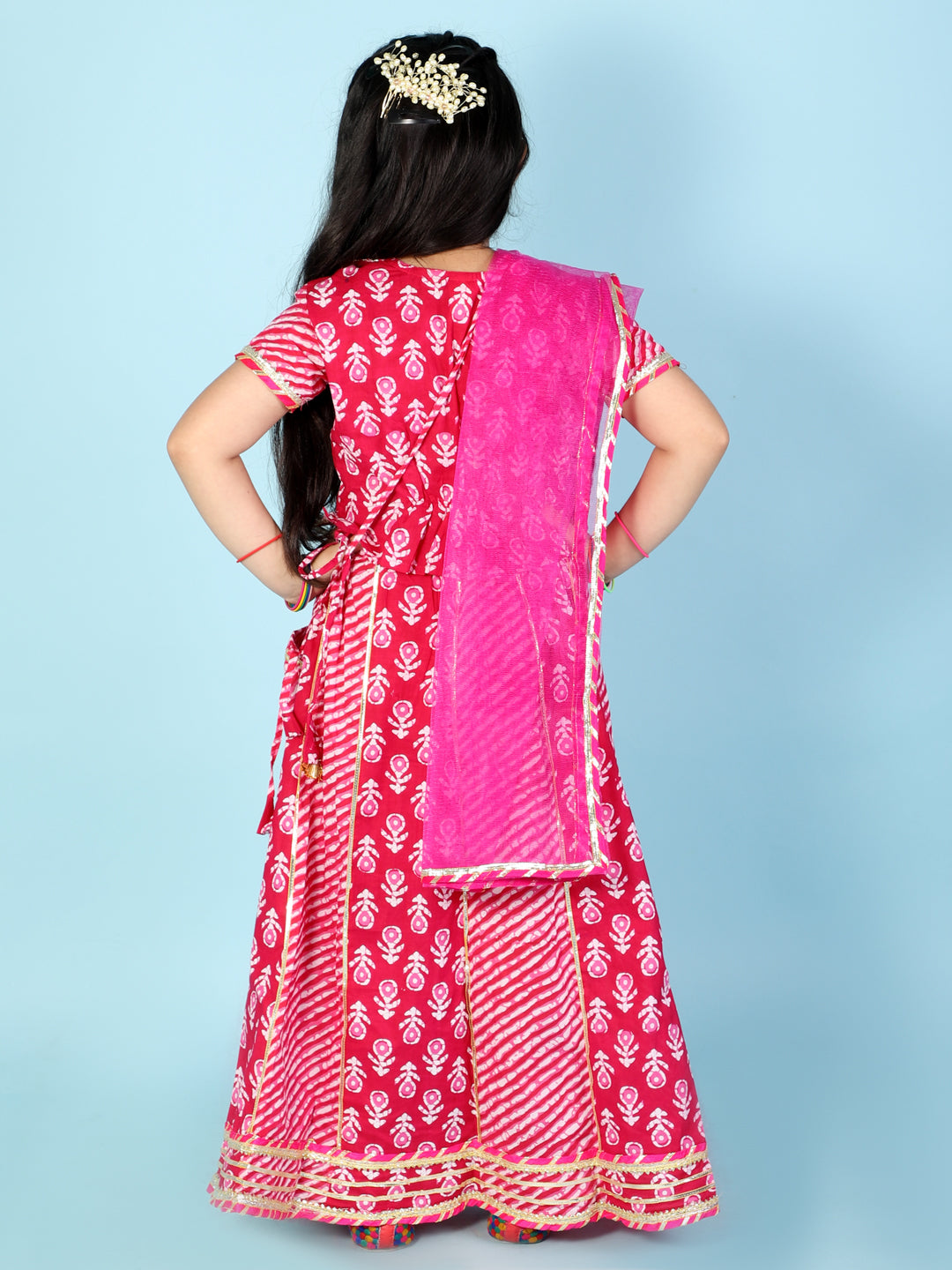 Bright Pink Baani Print Jaipuri Gotta Work Lehenga Choli & Dupatta - Mitthu Kids Ethnic Wear