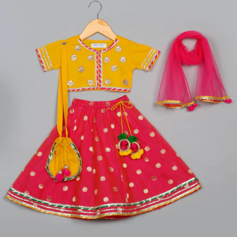 Majenta Lehenga & Yellow Cotton Choli with Dupatta Attached With Potli Bag Set - Mitthu Kids Ethnic Wear