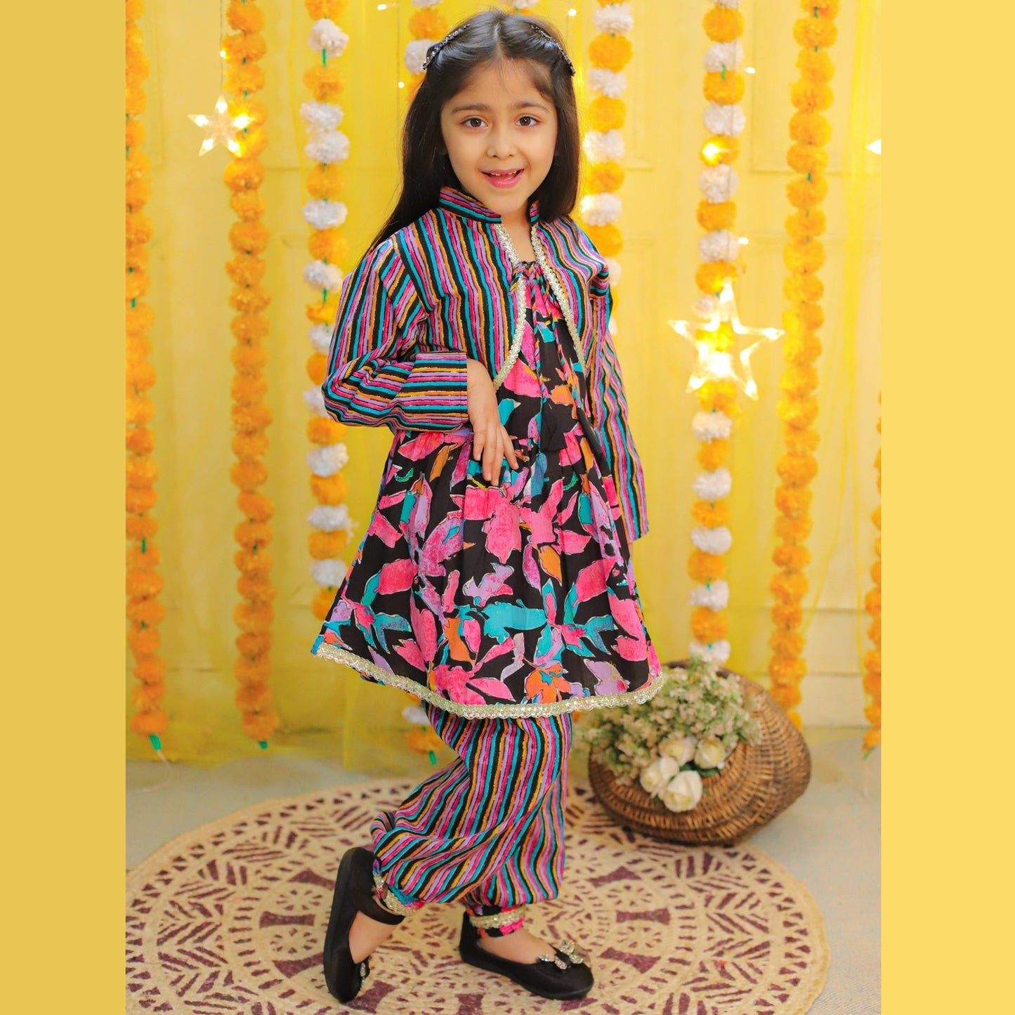 Girls Multicolor Floral Printed Kurta With Afghani Pants & Jacket & Dupatta - Mitthu Kids Ethnic Wear