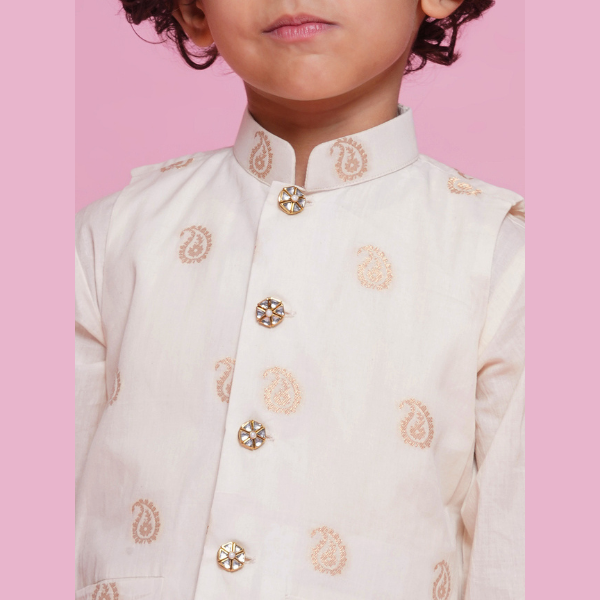 Boys Cotton Full Sleeves Ambi Embrodiery Nehru Jacket with Kurta and Dhoti - Cream - Mitthu Kids Ethnic Wear
