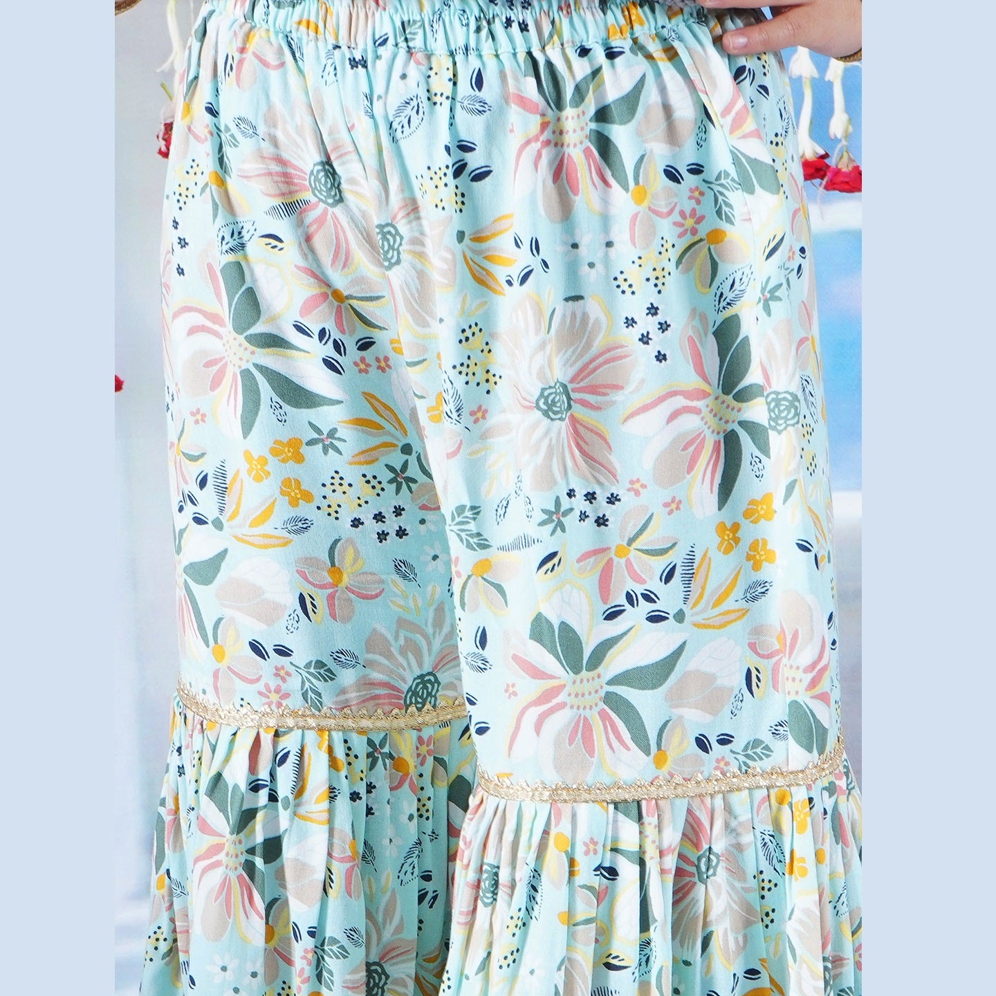 Girls Cotton Kurta Sharara and Dupatta with Floral Brush Print - Sky Blue - Mitthu Kids Ethnic Wear