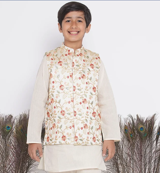 Banarsi Floral Jacket Kurta Pyjama - Mitthu Kids Ethnic Wear
