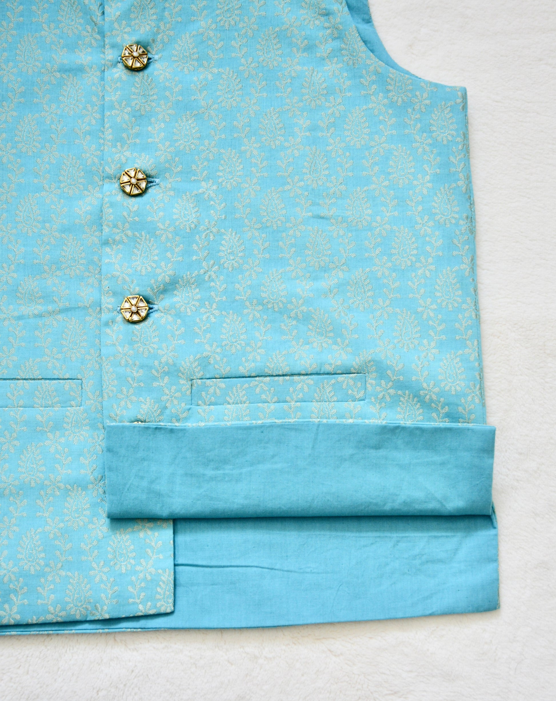 Boys Silk Nehru Jacket / Waistcoat- Light Blue & Gold - Mitthu Kids Ethnic Wear