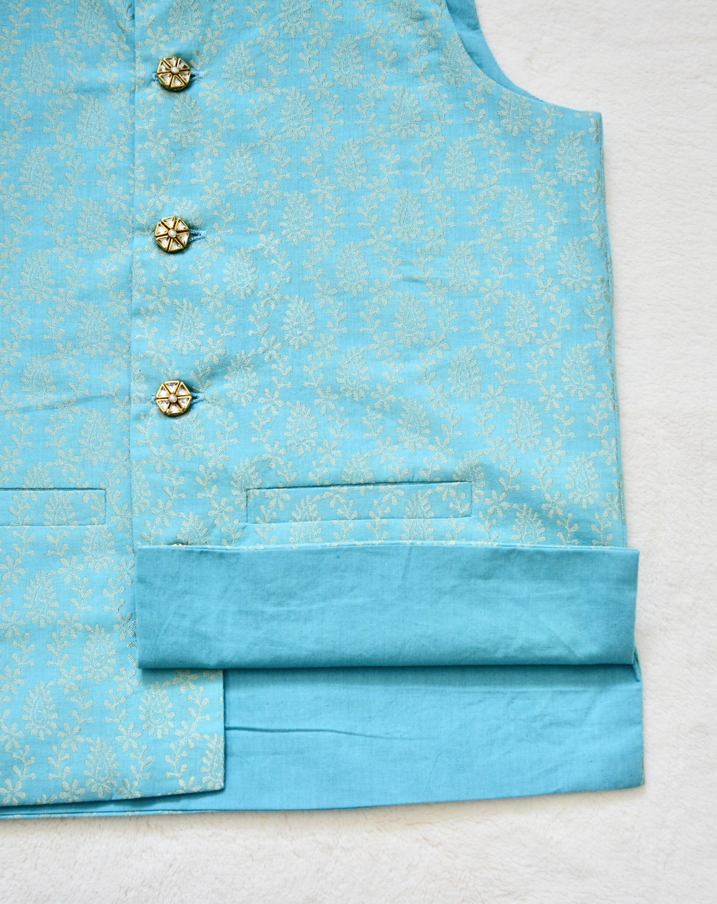 Boys Silk Nehru Jacket / Waistcoat- Light Blue & Gold - Infant