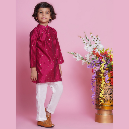 Cotton Silk Full Sleeves Zari Embroidered Kurta with Pyjama -Hot Pink - Mitthu Kids Ethnic Wear
