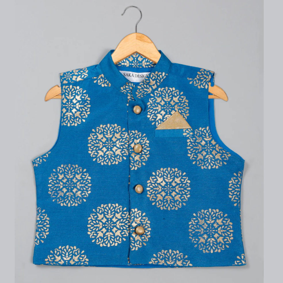 Boys' Beige Kurta Pajama With Blue Printed Jacket Ensemble - Mitthu Kids Ethnic Wear