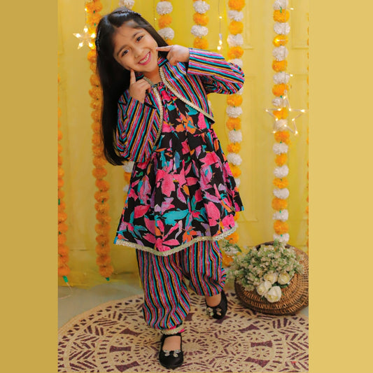 Girls Multicolor Floral Printed Kurta With Afghani Pants & Jacket & Dupatta - Mitthu Kids Ethnic Wear