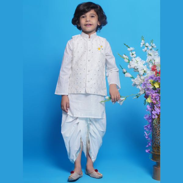 Cream Embroidered Nehru Jacket Set - Mitthu Kids Ethnic Wear