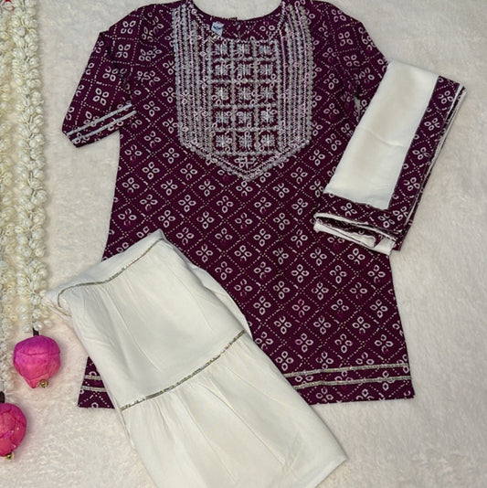 Girls Purple Embroidered Kurta Set with Sharara Pant and White Dupatta - Mitthu Kids Ethnic Wear