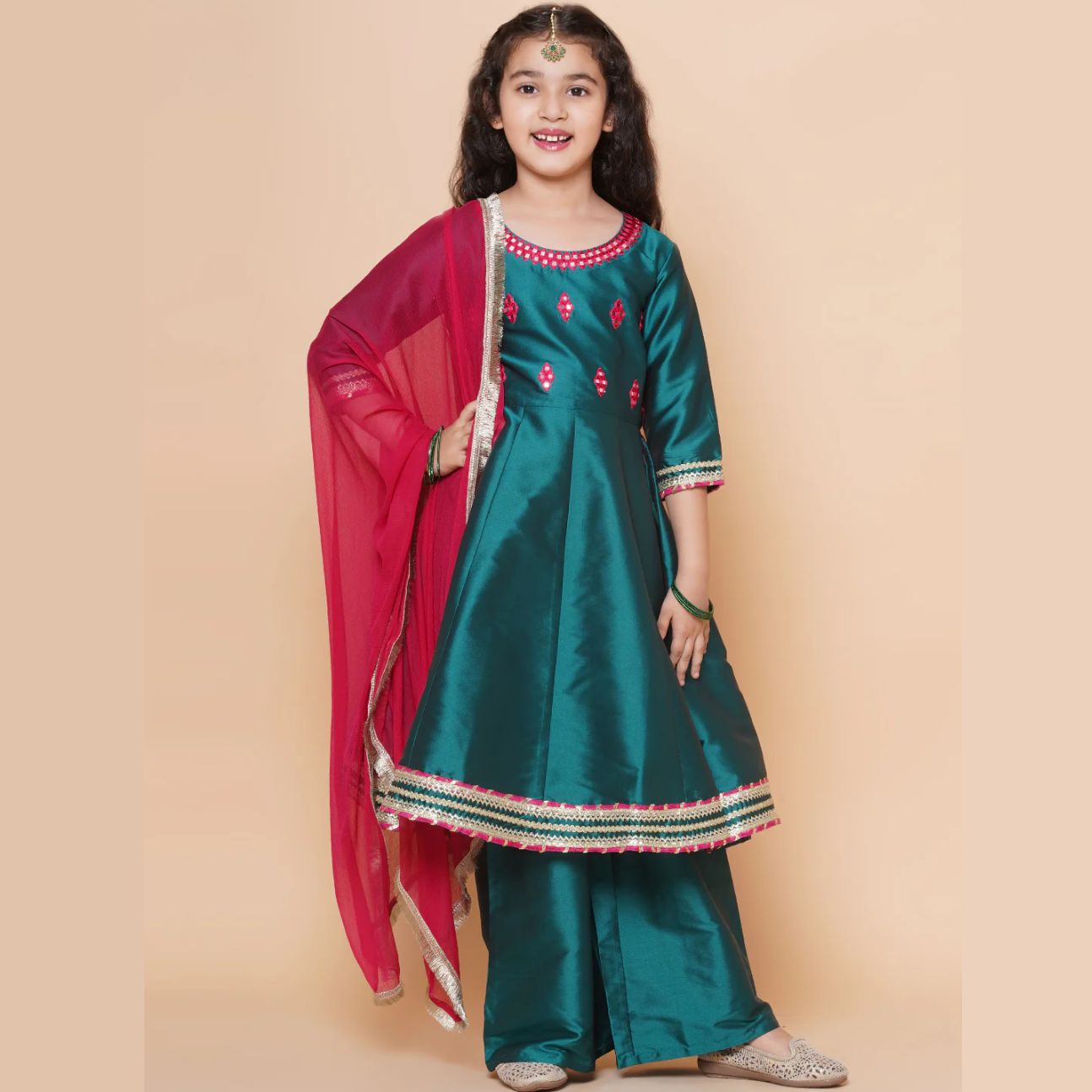 Girls Green Embroidered Round neck Flared Aanarkali Kurta with Palazzos With Dupatta - Mitthu Kids Ethnic Wear