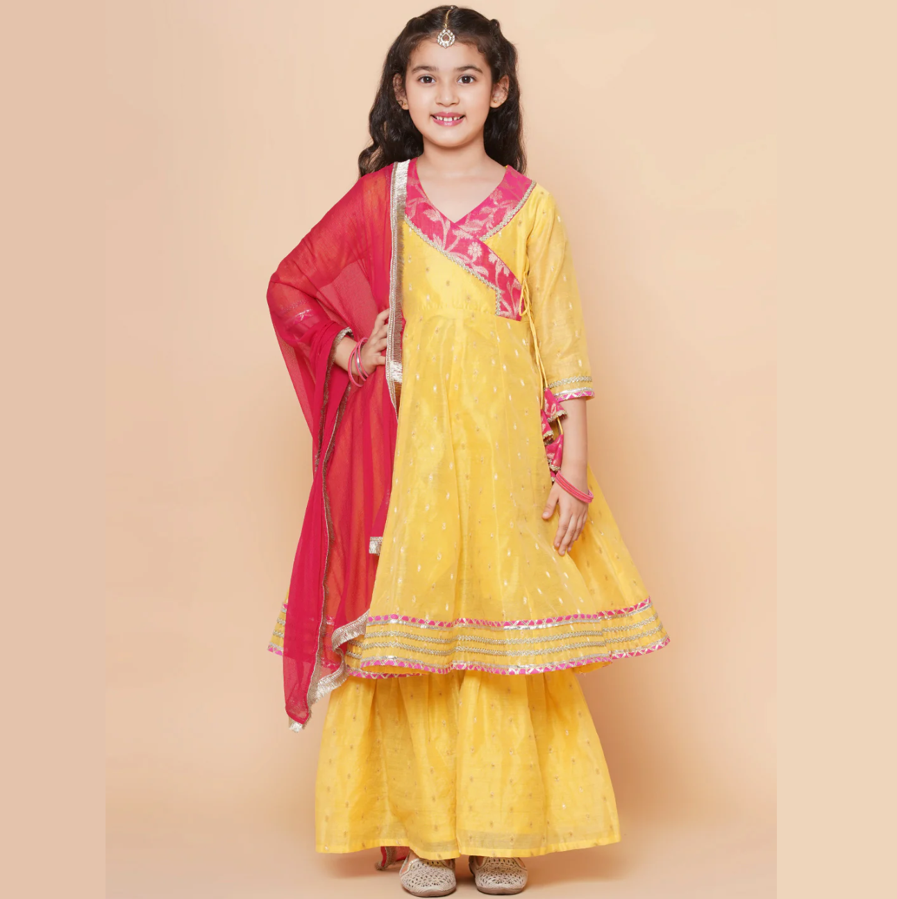 Girls Yellow self design Angrakha Gotta Patti Kurta & Sharara set With Dupatta - Mitthu Kids Ethnic Wear
