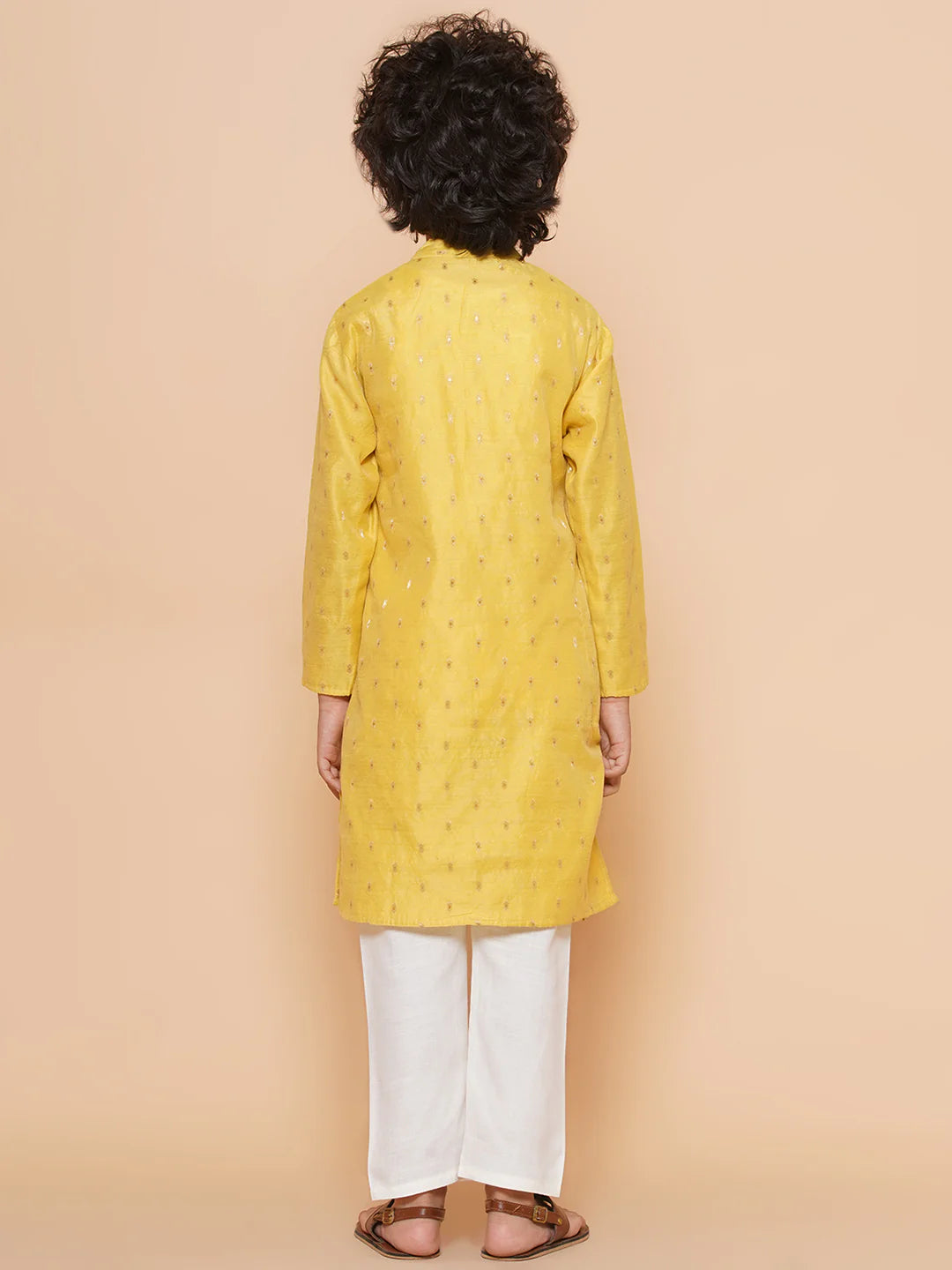 Boys Yellow Self Design Booti Kurta with Pyjamas - Mitthu Kids Ethnic Wear