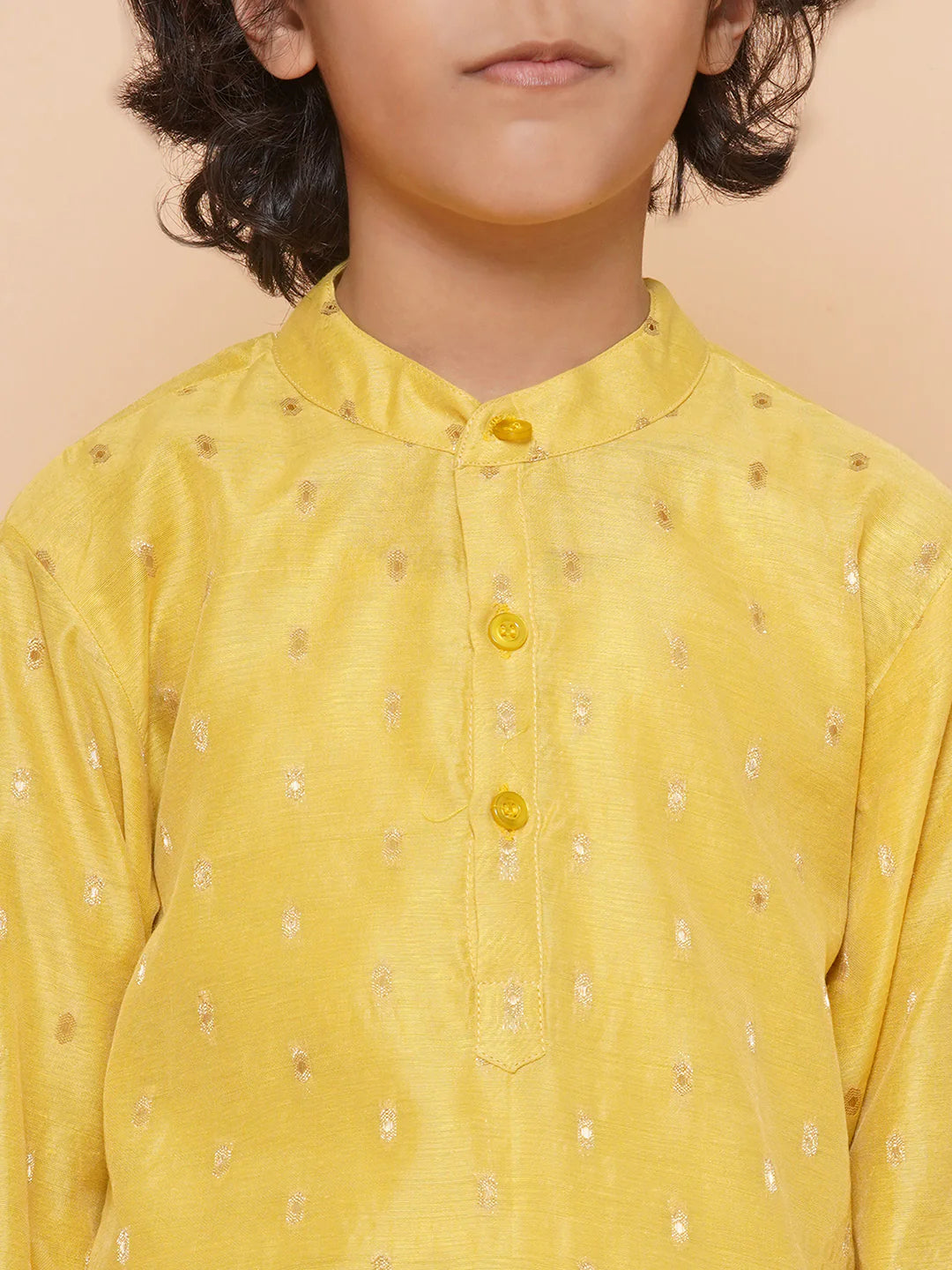 Boys Yellow Self Design Booti Kurta with Pyjamas - Mitthu Kids Ethnic Wear