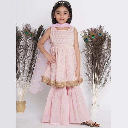 Blush pink  Banarsi sharara, kameez, & dupatta set, perfect for festivals & weddings. Stylish, comfortable, & available in Canada.