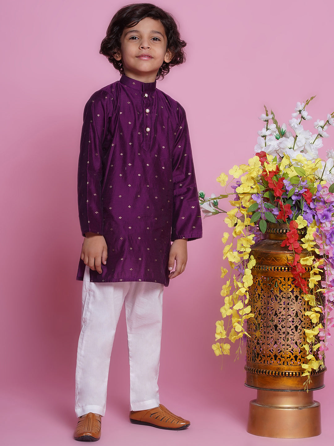 Chanderi Silk Kurta with Pyjama - Purple - Infant - Mitthu Kids Ethnic Wear