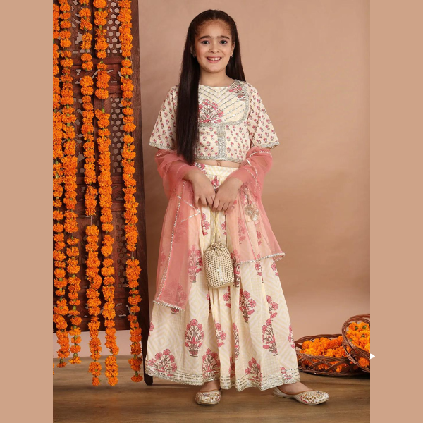 Straight Style Cotton Fabric Cream Color Lehenga Choli With Dupatta - Infant - Mitthu Kids Ethnic Wear