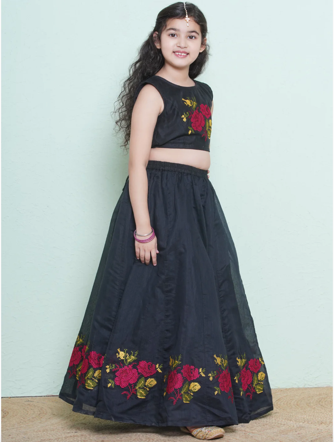 Girls Black & Pink Embroidered Lehenga Choli with Dupatta - Mitthu Kids Ethnic Wear