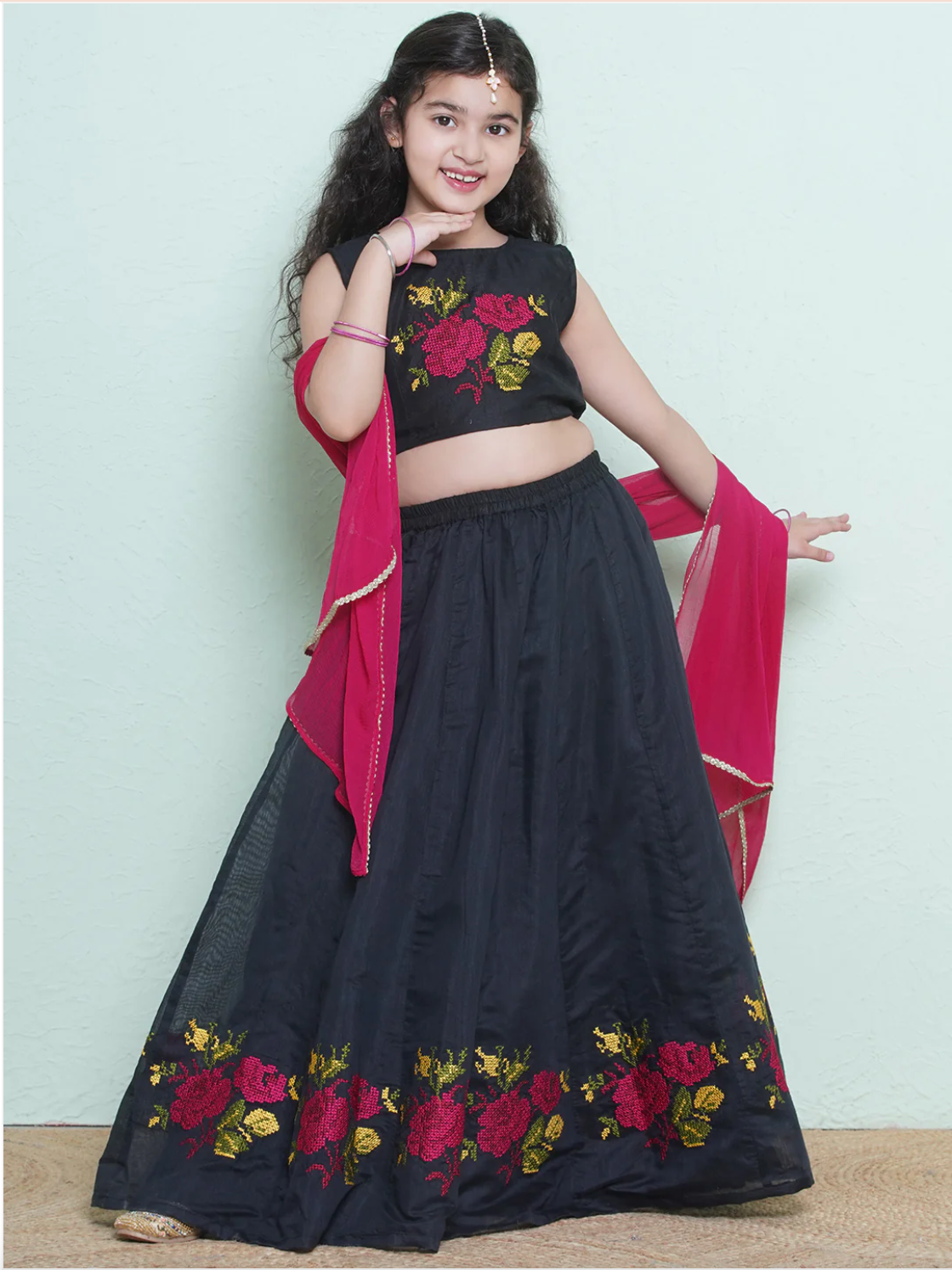 Girls Black & Pink Embroidered Lehenga Choli with Dupatta - Mitthu Kids Ethnic Wear
