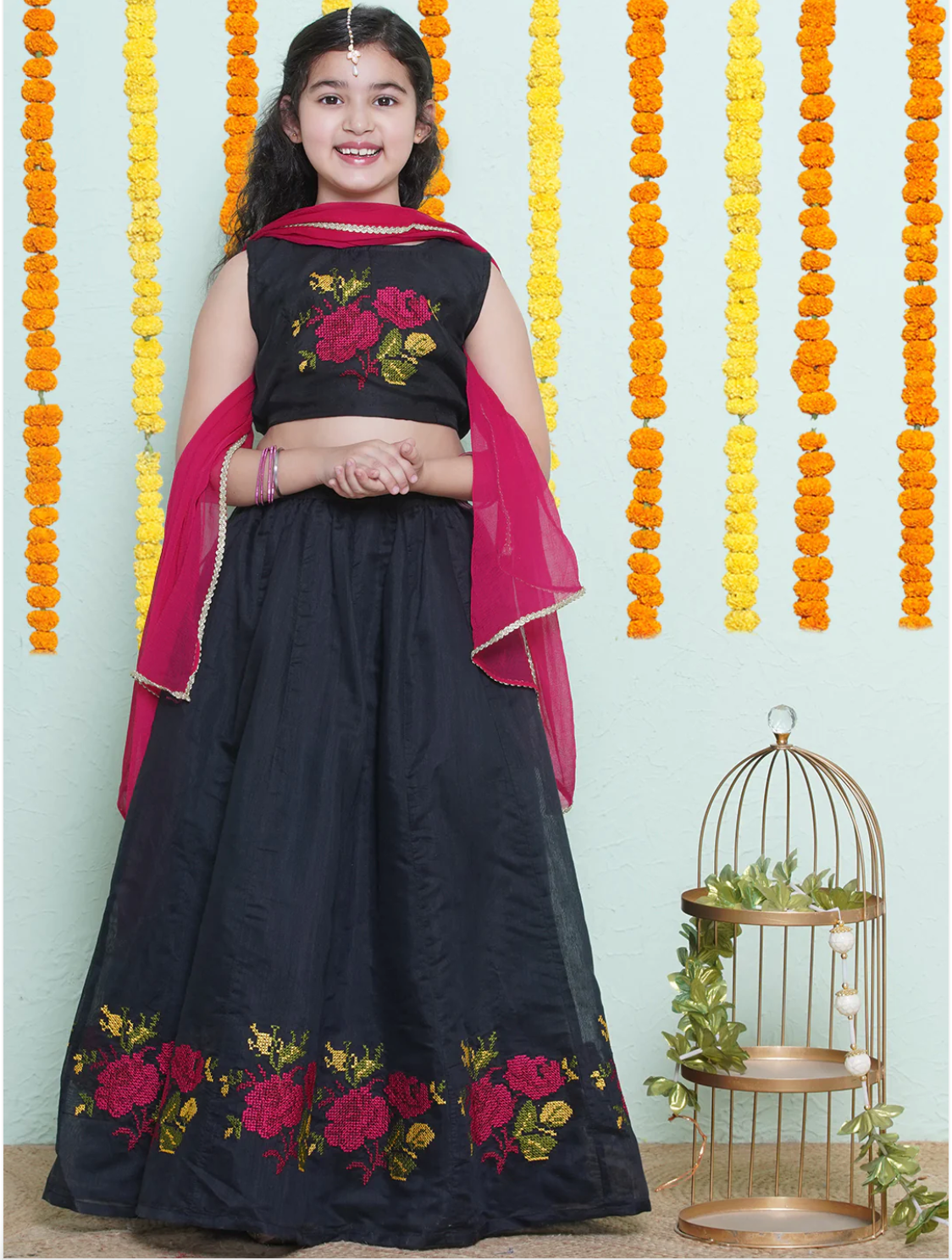 Black Lehenga Choli with Pink Dupatta – Indian traditional dress for girls, available in sizes 3 to 16 yrs, shop in Canada.