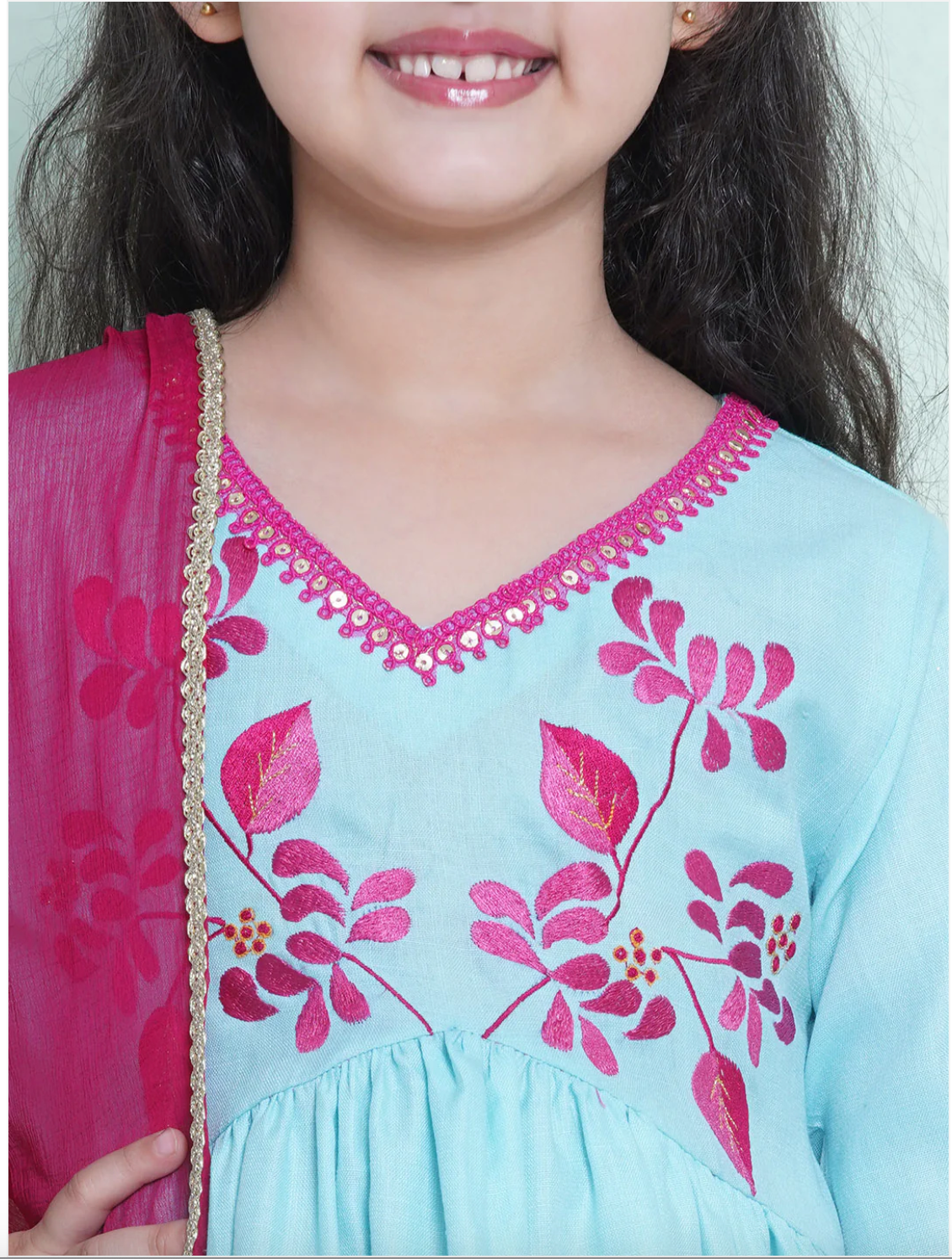 Girls Embroidered Kameez with Trousers & Dupatta -  Pastel Blue - Mitthu Kids Ethnic Wear